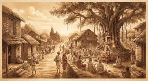 Historical illustration of late 19th-century rural Shegaon village and pilgrims gathered under banyan trees