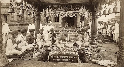 Ancient archive photograph of the original stone foundation ceremony of the Shegaon Sansthan Trust in 1908